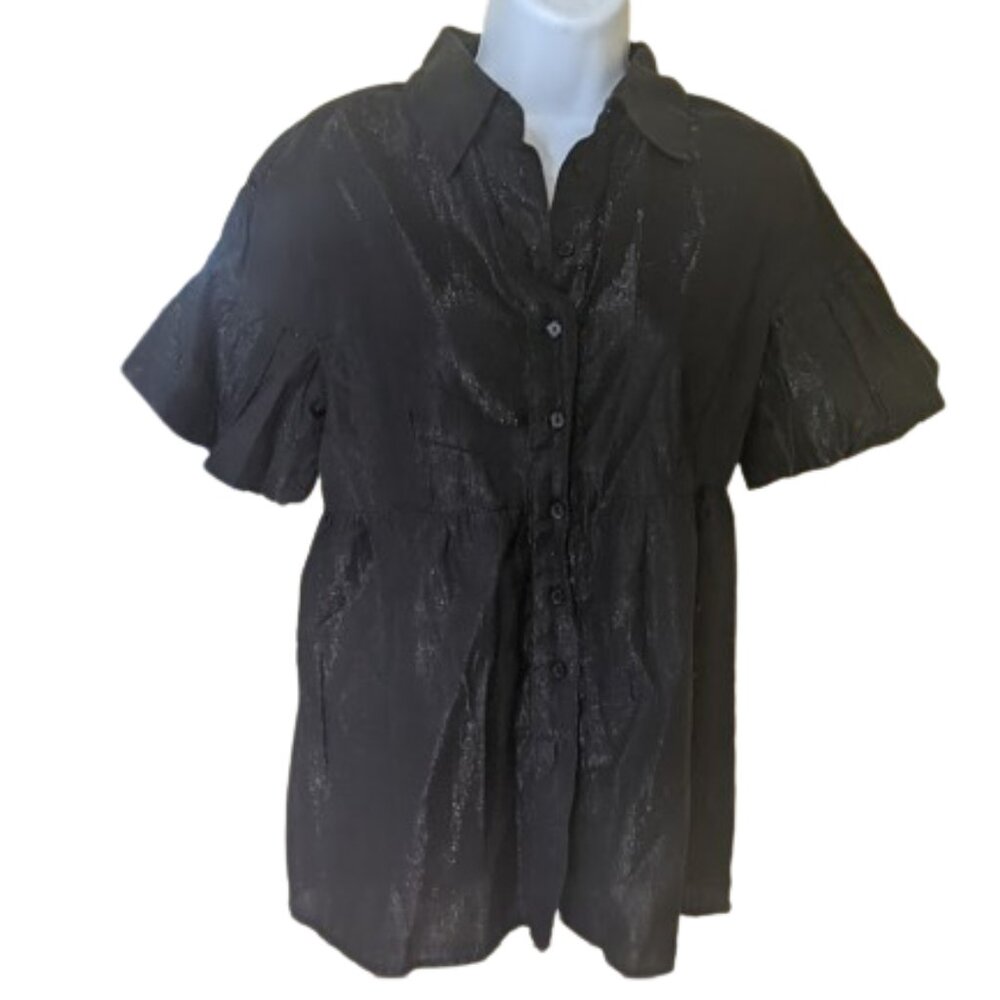 Black Shimmery Blouse with Short Puffy Bouffant Sleeves Size Small